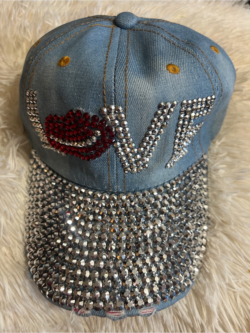 glam Light Blue Denim Cap with Silver Rhinestones and Red Lip Accent